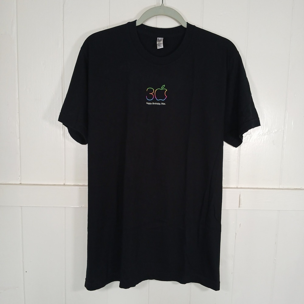 Apple T-Shirt Mens Large Black Happy Birthday Mac 30th Anniversary Rainbow Logo
